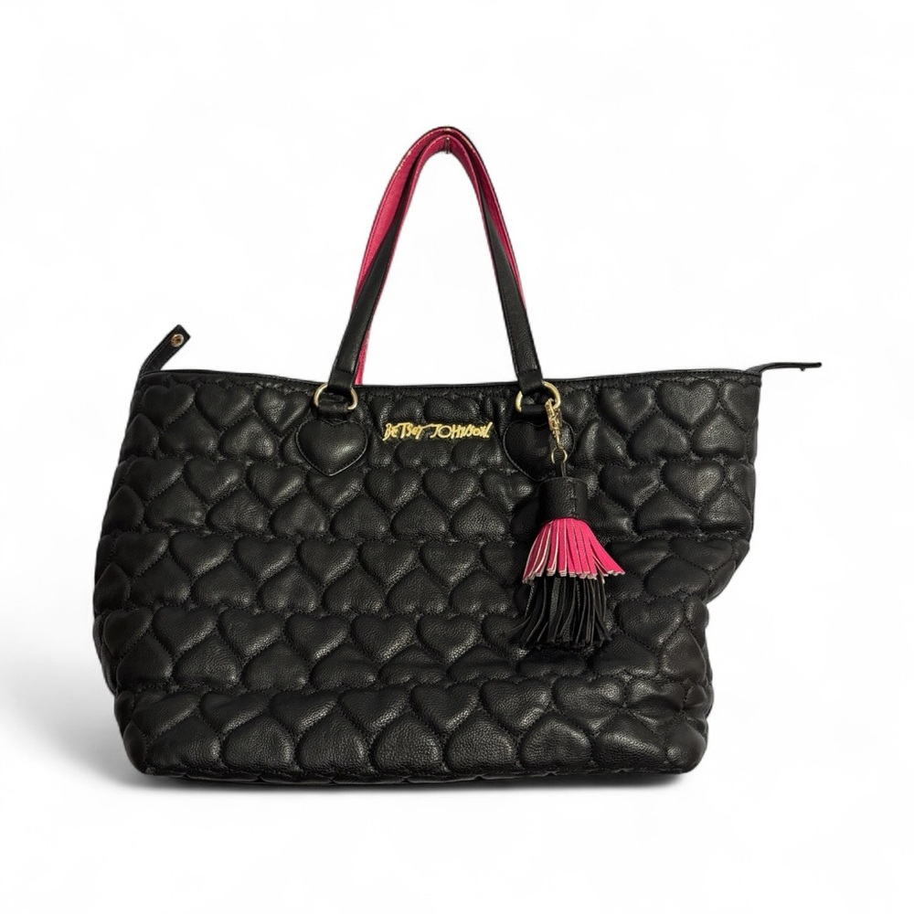Betsey Johnson Black Heart Quilted Tote with Pink details